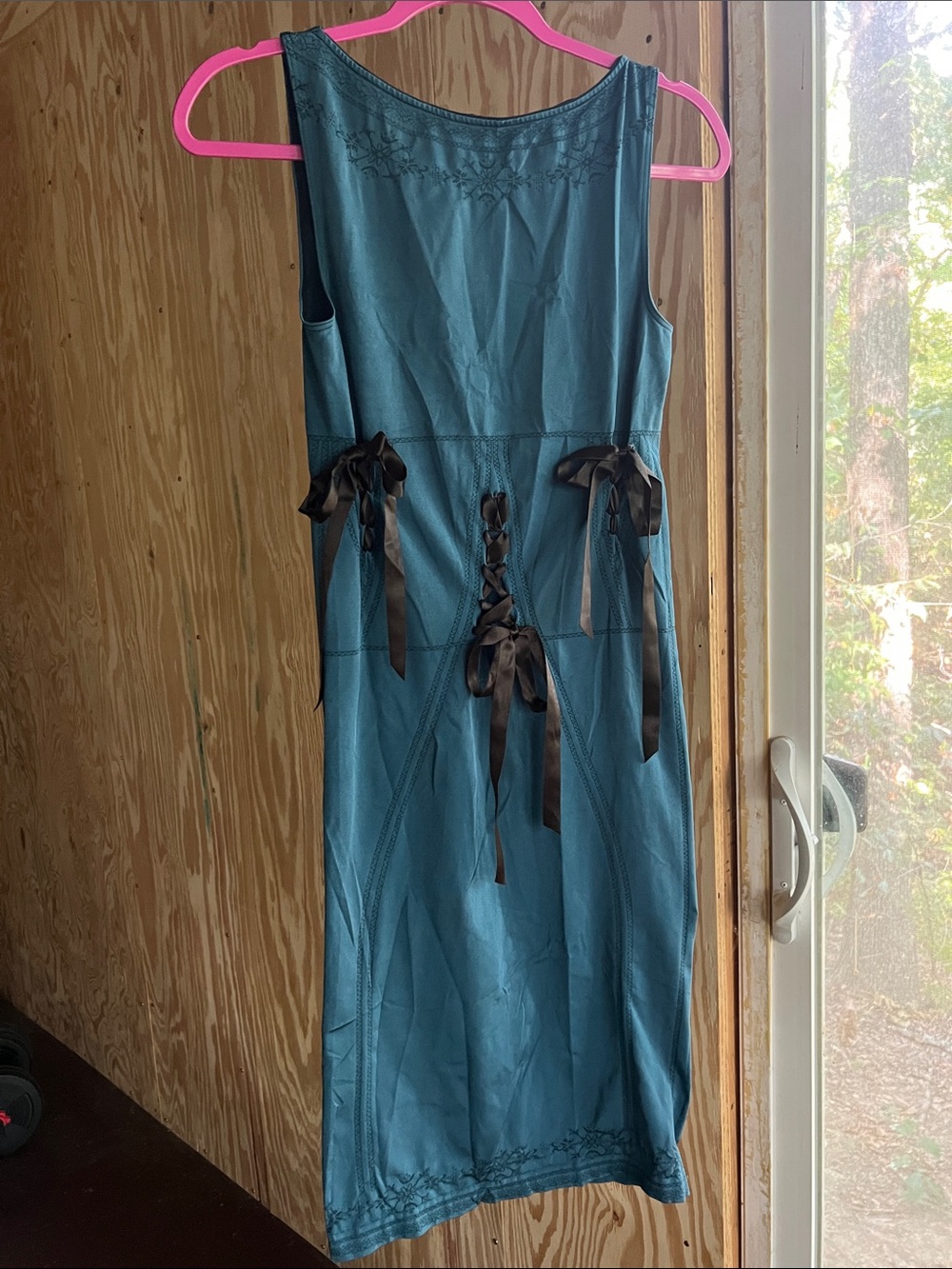Wolford Teal Sleeveless Midi Dress with Black Ribbon Lace-Up